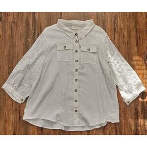 NWT Ninexis 100% cotton button up collared blouse with eyelet sleeves Women's 3x